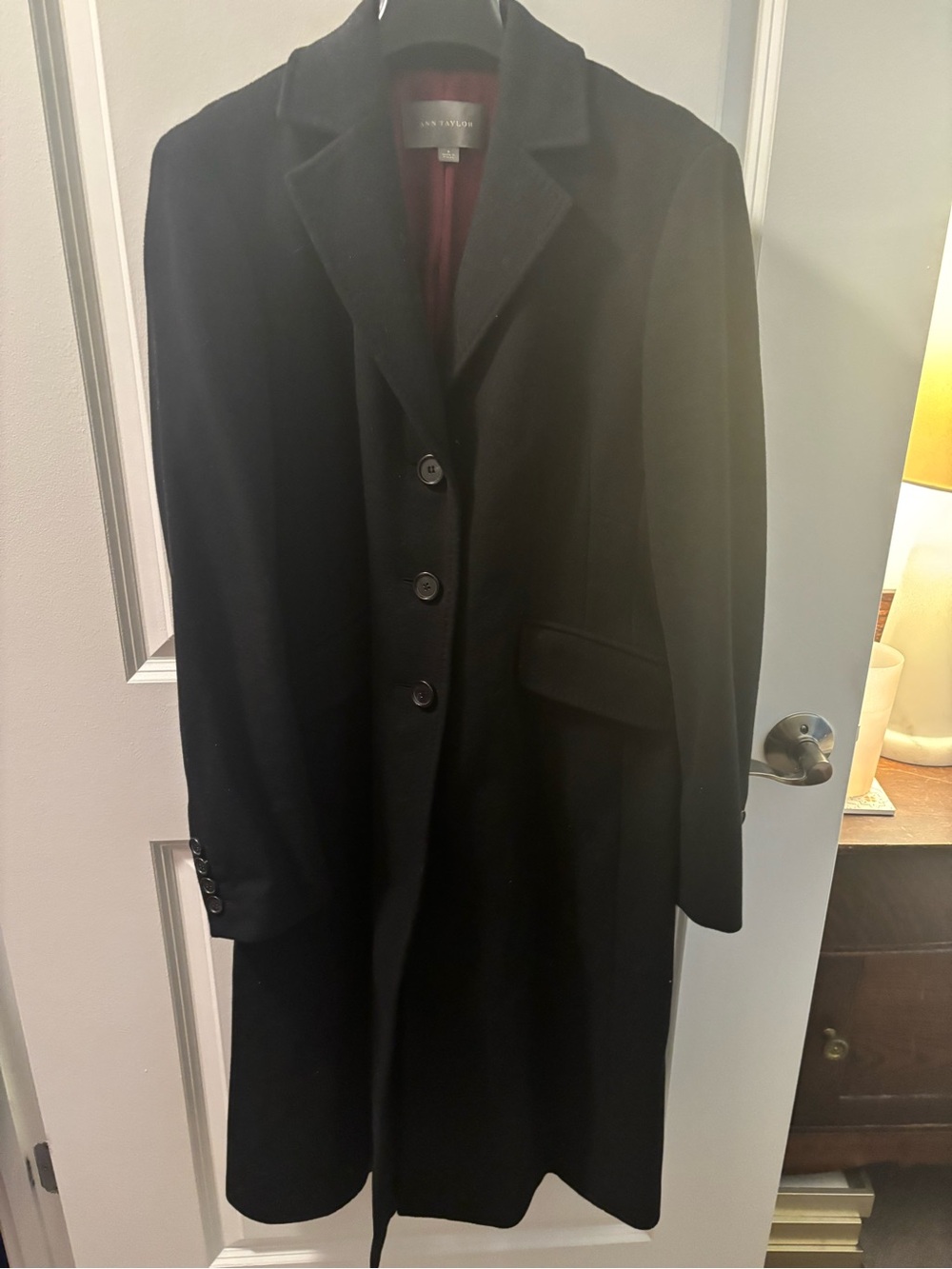 Ann Taylor Elegant Black Coat with Deep Wine Lining